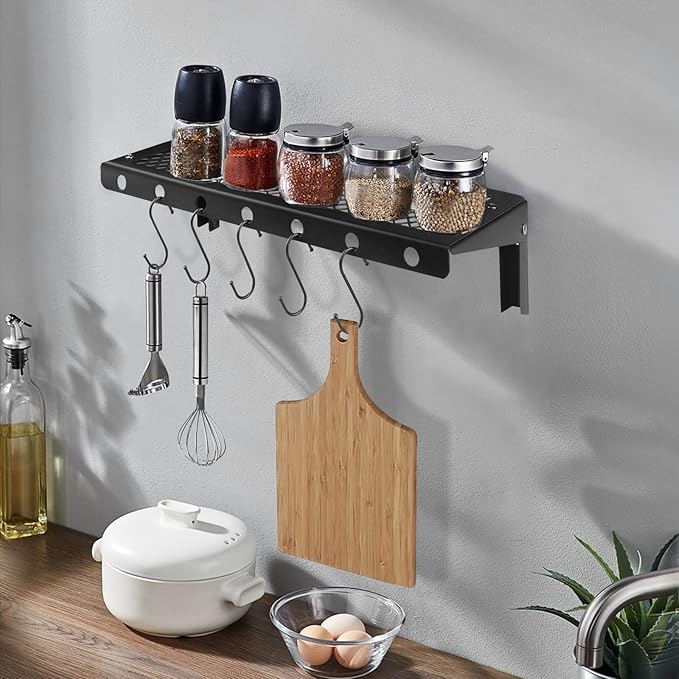 Floating Wall Shelves Set of 2, Black Floating Shelves,Wall-Mounted Bookshelf,Mesh Panel, Used in Living Room, Kitchen, Bathroom, Garage,Folding with Hooks.