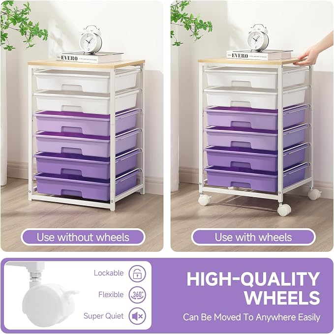SYKIARIOL Rolling Cart with Drawers,Utility Cart with 6 Drawers,Rolling Storage Cart with Drawers and Wooden Tabletop & Lockable Wheel,Purple