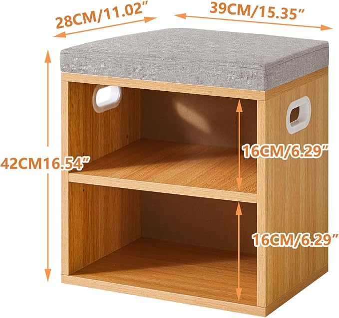 YMYNY Small Shoe Storage Bench with Cushion, Natural, HBD028N | 2 Tier Entryway Bench with Storage, Small Shoe Rack Bench with Adjustable Shelf for Entryway 11 x 15.3 x 16.5 Inches