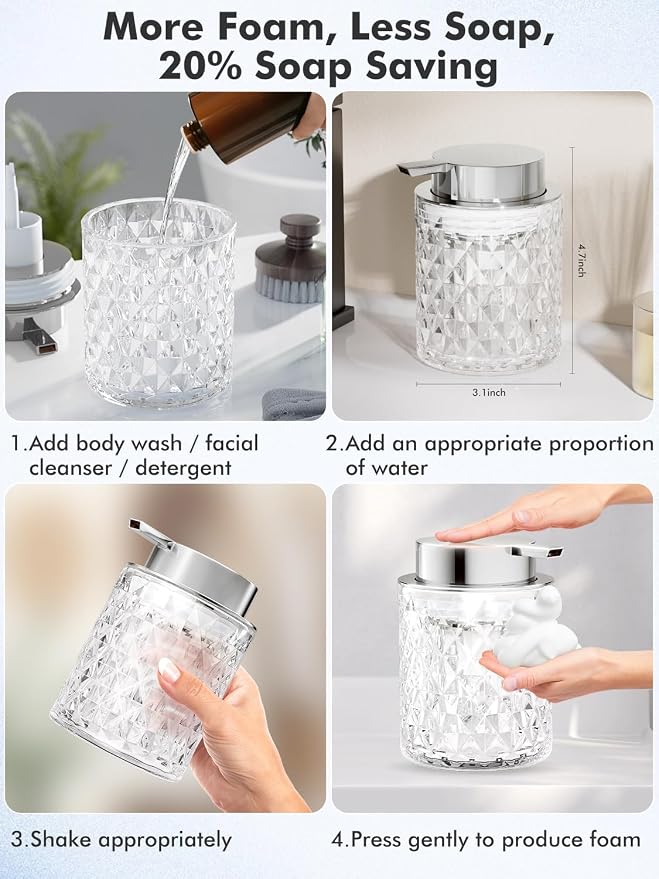 Bathroom Accessory Set, Foaming Soap Dispenser, Glass Hand Foaming Soap Dispenser, Refillable Clear Pump Bottles for Liquid or Lotion, Crystal Decorative Handwash Dispenser for Bathroom, Kitchen