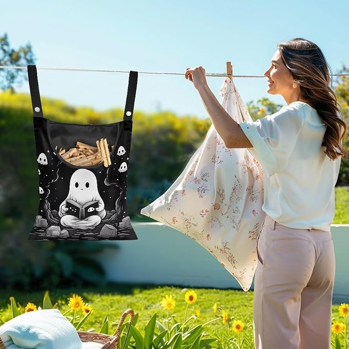 Cute Ghost Clothespin Bag Clothes Pin Hanging Bag Clothespin Bag with Hanging Hook 12 x 14.6 Inch Laundry Clothes Pin Holder Waterproof Clothes Pin Hanging Bag Clothespin Storage