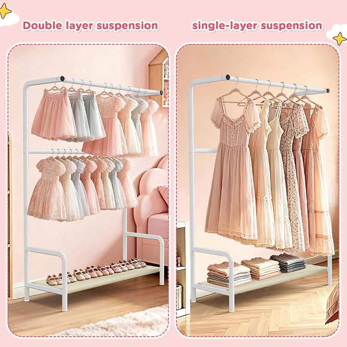 LOVEGRASS Kids Clothing Rack Double Rods for Bedroom Playroom White | Double Rod Design, Powder Coated Steel, Bottom Storage Shelf, for Baby Toddler Clothes, Dress Up, Nursery, Bedroom, Playroom