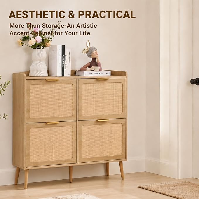 Shoe Storage Cabinet for Entryway, Slim Freestanding Rattan Shoe Cabinet with 3 Flip Drawers, Hidden Shoe Organizer Cabinet, Narrow Shoe Rack , Farmhouse Design (4 Flip Drawer - Breathe Rattan)
