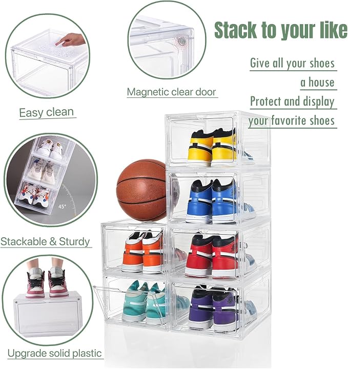 ZLLZUU Shoe Shoe Storage Boxes, 6 Pack Stackable Shoes Organizer Clear | Clear Drop Front, Dustproof Visible Magnetic Door, Stackable, Fits Up to Men's Size 12 High-Top Sneakers, Easy to Assemble