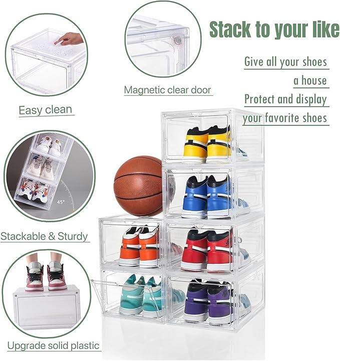 ZLLZUU Stackable Shoe Storage Boxes 9 Pack X-Large Clear Sneaker Organizer | Fits up to Women's Size 13, Easy to Assemble, Clear Visible Magnetic Front Door, Quick Aceess, Durable and Sturdy Plastic