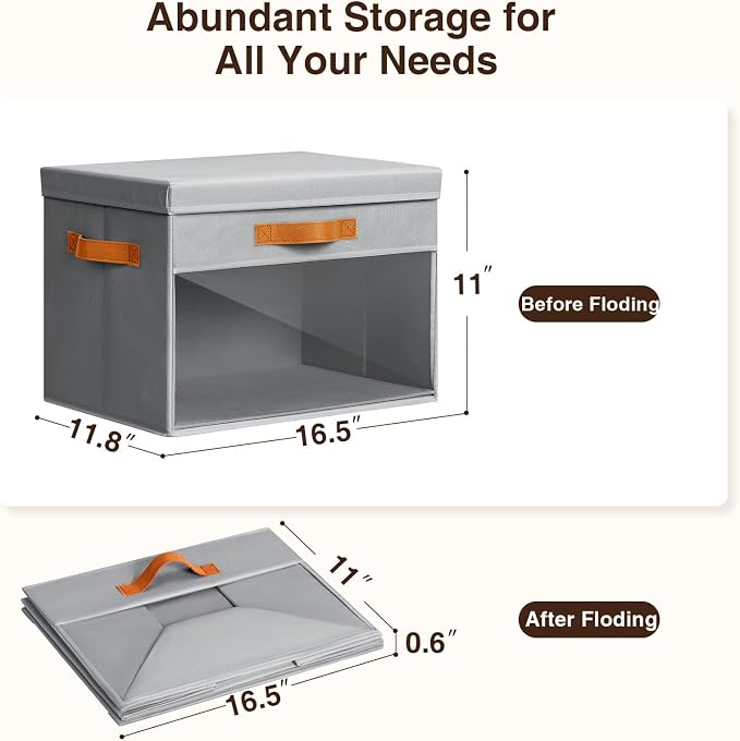 Homsorout Large Storage Bins with Lids - 6 Pack Foldable Decorative Organizers with Clear Windows & Handles, Cube Storage Organizers for Clothes, Blankets, Sweaters, CD, Grey