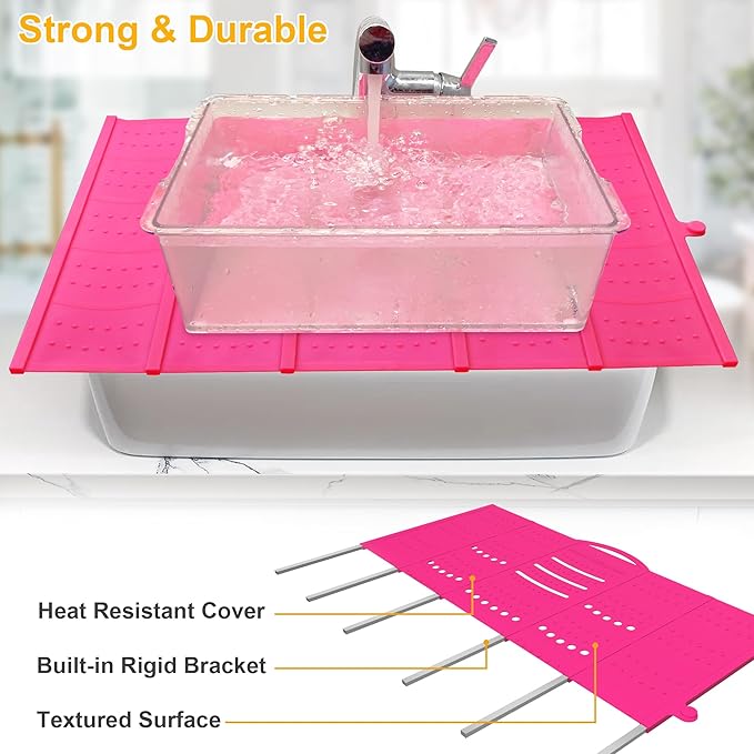 Mofason Large Bathroom Sink Makeup Mat Space Saver,Silicone Makeup Organizer Cover for Over Countertop,Small Bathroom Must Haves Accessories Rv Camper Travel Foldable Gadgets-Pink