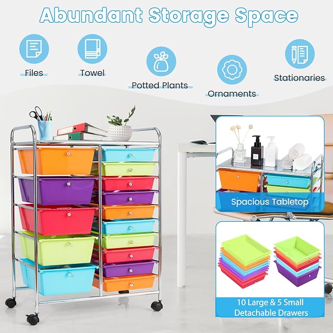 DREAMADE Rolling Cart with 15 Drawers, Rolling Drawer Organizer Cart w/Lockable Wheels, Removable & 2-Sized Storage Drawers, Art Cart for School Home Art Supplies Crafts File Scrapbook (Multi-color)