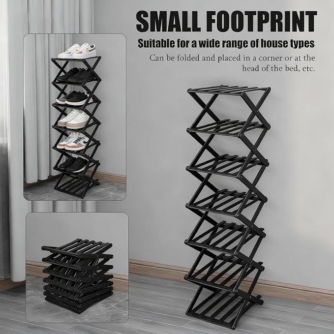 Vertical Narrow Shoe Rack Black, 7 Tier Portable Folding Shoe Storage Rack, Without Installation Free Standing Shoe Rack for Corridors, Bedrooms Living Room Corner and Small Spaces