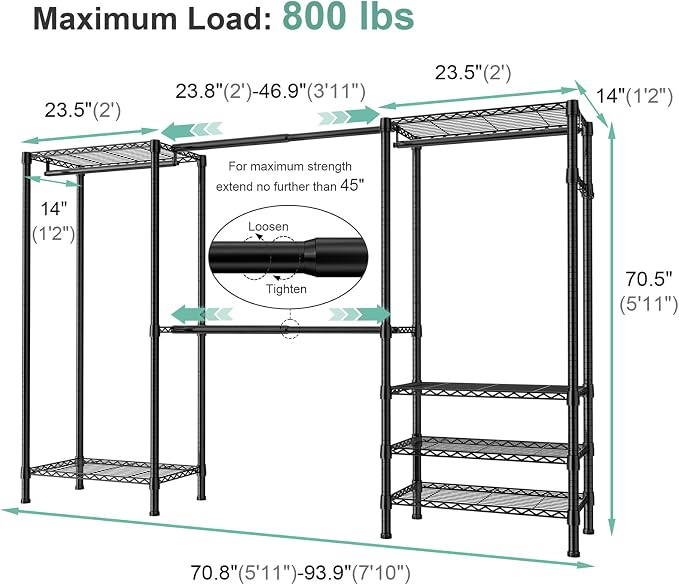 SEMHOR E06 Expandable Heavy Duty Clothes Rack for Reach-in Closet, Freestanding Clothing Racks with Shelves, Carbon Steel Closet Organizer System Adjustable from 70.8-93.9", Max Load 800LBS, Black