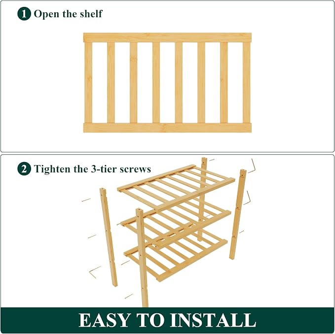 Smiry Bamboo Shoe Rack for Closet, 3 Tier Small Wooden Shoe Organizer, Stackable Wood Shoe Storage Shelf for Entryway, 14 Vertical Slats, One-piece Heavy-Duty Legs, 17.32"x11.02"x18.31", Natural