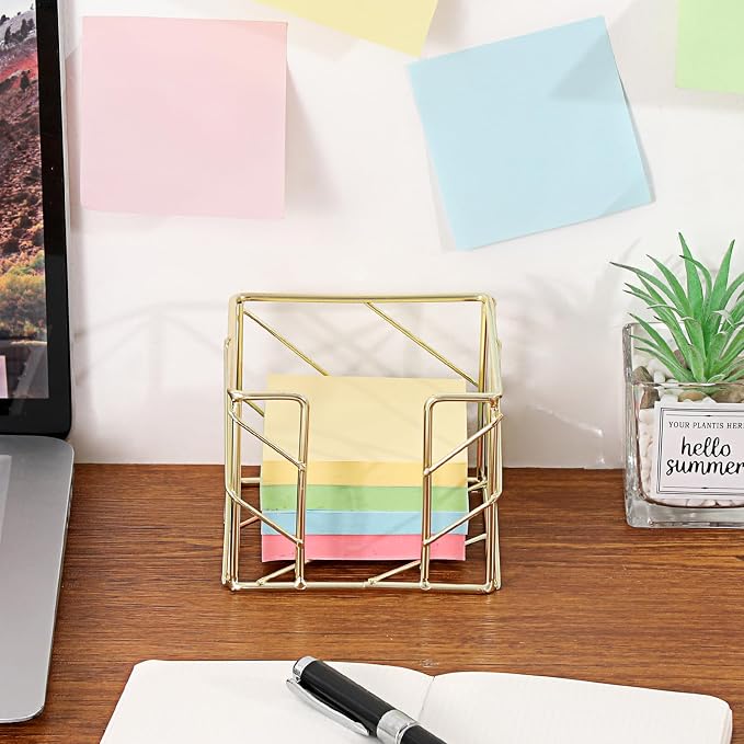BTSKY Metal Sticky Note Holder, 3x3 Inch Post It Note Dispenser, Modern Memo Cube Holder Desk Organizer for Office & Home, Iron Sturdy Desktop Sticky Note Storage, Gold