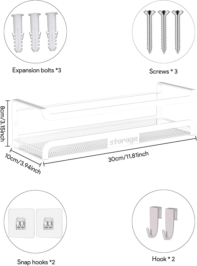 Spice Rack Wall Mount with Hooks - Spice Racks Organizer for Cabinet Storage, Wall Mounted Hanging Shelf Seasoning Organizer, for Kitchen, Pantry Door, Bathroom (White, 4 Pack)