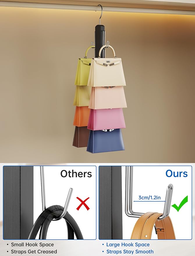 NiHome Wooden Purse Organizer for Closet, 8 Extra-Wide Metal Hooks Handbag Hanger, Space-Saving Hanging Bag Holder & Purse Rack for Closet Organization (Black)