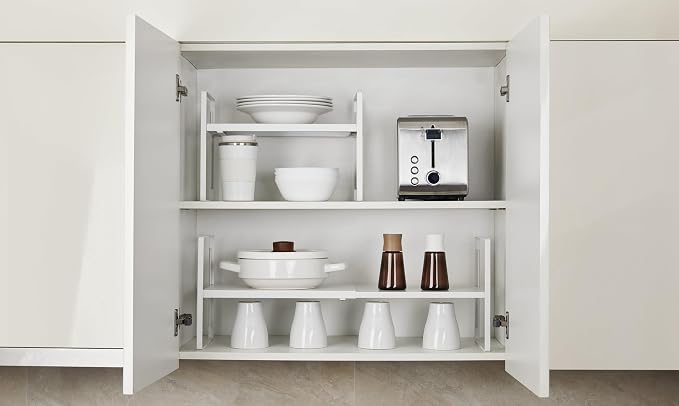Nxconsu Expandable Cabinet Shelf Organizer Riser, 8.6" 1 Pack White | Heavy-Duty Steel Expandable Shelf Holds 50 lb, 5-Level Stackable Riser for Kitchen Cabinet Cupboard Pantry Counter Under Sink