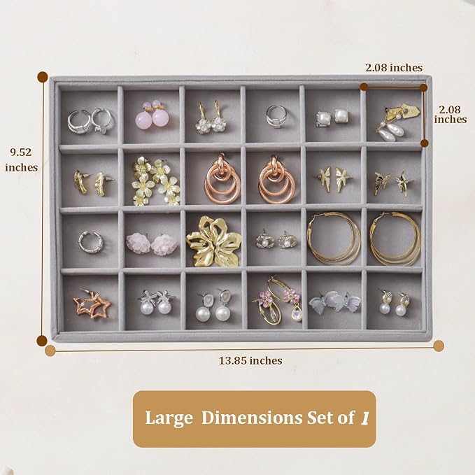 Large Jewelry Organizer for Drawer Insert Velvet Stackable Jewelry Trays for Earring Necklace Bracelet Ring Display (Gray, 24 Grids)