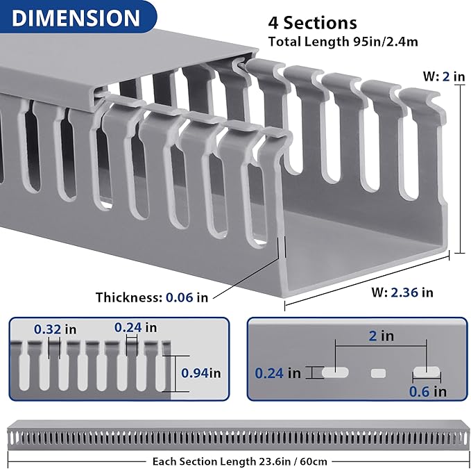 ZhiYo 2" H x 2.4" W Cable Management Raceway, 95in Under Desk Channel, Grey | Slotted Wire Duct, 4Pack, 23.6in Each, Heavy-Duty PVC Cable Management for Server Racks, Network Cables & Electrical Cabinets