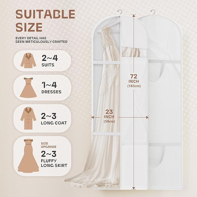 Lazebox 72" Garment Bag with Zipper Pocket, Wedding Dress Bag for Gowns Long, White
