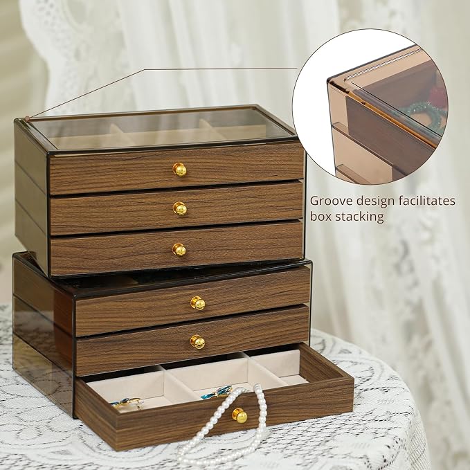 3 Layer Wooden Drawers Jewelry Box Vintage Style Jewelry Organizer with Acrylic Cover, Jewelry Storage Display Box for Ring Earrings Necklace Bracelet Box for Women and Girls(Walnut Color)(A)