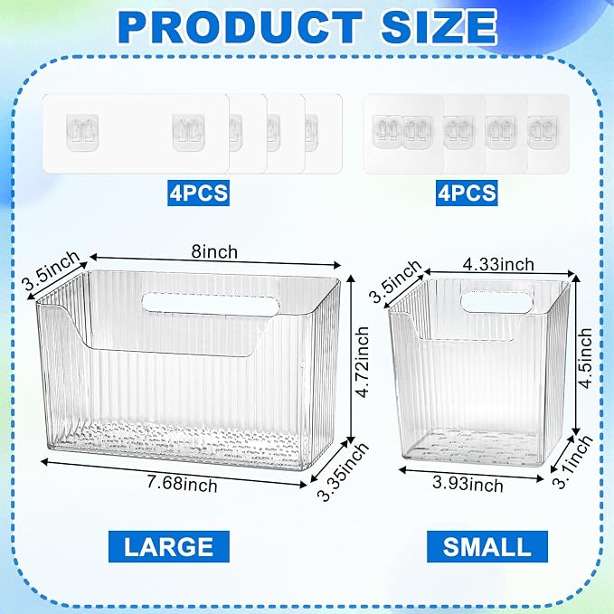8 Pcs Storage Organizer Bins - Wall Mounted Basket in 2 Sizes, Clear Cabinet Door Stackable Adhesive Hanging Bin for Bathroom, Kitchen, Pantry