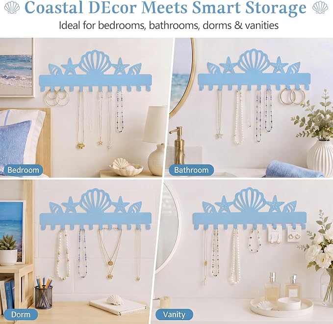 Hicarer 2 Pack Ocean Necklace Holder Wall Mount with 24 Hooks Adhesive Metal Seashell Starfish Hanger Coastal Jewelry Organizer Beach Decor for Earrings Bracelets Rings