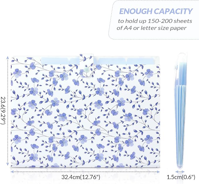SKYDUE Expanding File Folder with 5 Pockets, Floral Accordion File Organizer for Important Document, Portable Receipt Paper Organizer, School Office Supplies,Blue