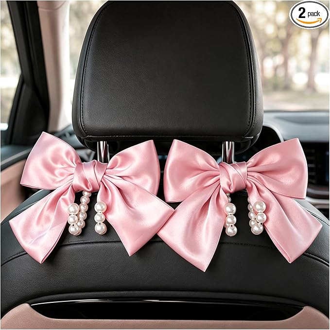2 PCS Bow Pearl Car Seat Headrest Hook, Auto Rear Seat Hanging Organizer Elegant Pearl Decoration, Cute Bow Vehicle Interior Seatback Storage Hooks for Handbags Purses Groceries (Pink)