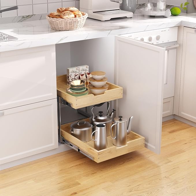 Sikarou Wood Pull Out Cabinet Organizer 2 Tie 11" W x 21" D for 12" Cabinet Opening, Heavy-Duty Sliding Drawers for Inside Cabinets Storage and Organization for Kitchen, Pantry, Bathroom