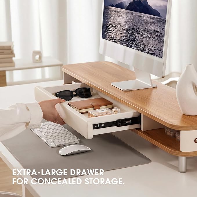 Fenge Dual Monitor Stand with Large Storage Drawer, 42.5" Dsek Shelf, Oak | Slide-Out Drawer, Ergonomic Monitor Riser, Aluminum leg, 2-Tier Desk Organizer for Laptop, TV, PC