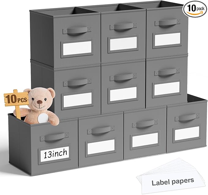 Teenyyou 10 Pack Fabric Storage Cubes 13 Inch Collapsible Cube Bins with Label Window & Handle Foldable Organizers Baskets for Shelf Closet Nursery Kids Room Clothes Book Toy(Gray)