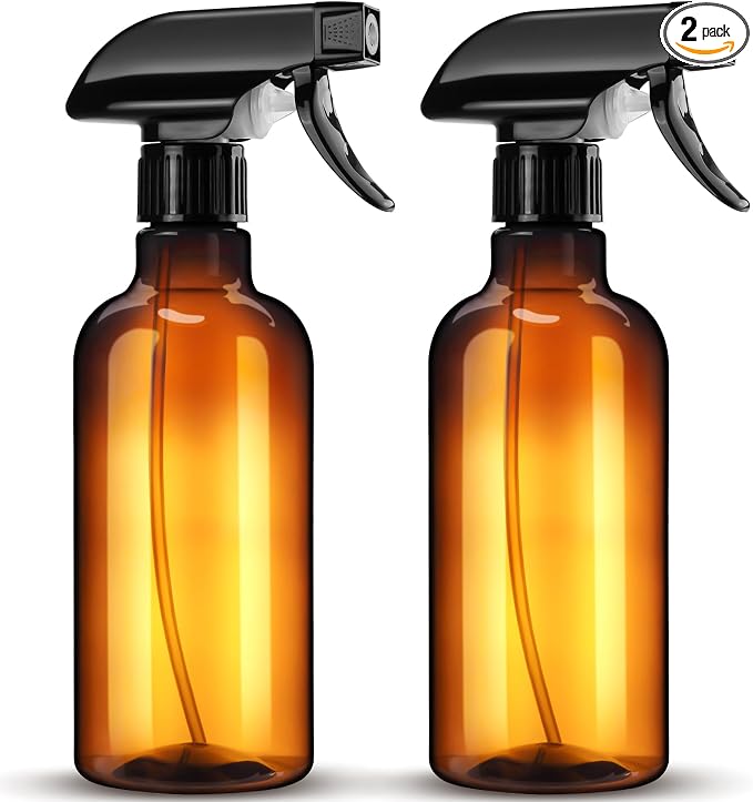 DIYSELF 2 Pack Spray Bottles for Cleaning and Lab Use, 16 oz, Amber | Refillable plastic spray bottles with trigger sprayers for home, garden, liquids and general household applications