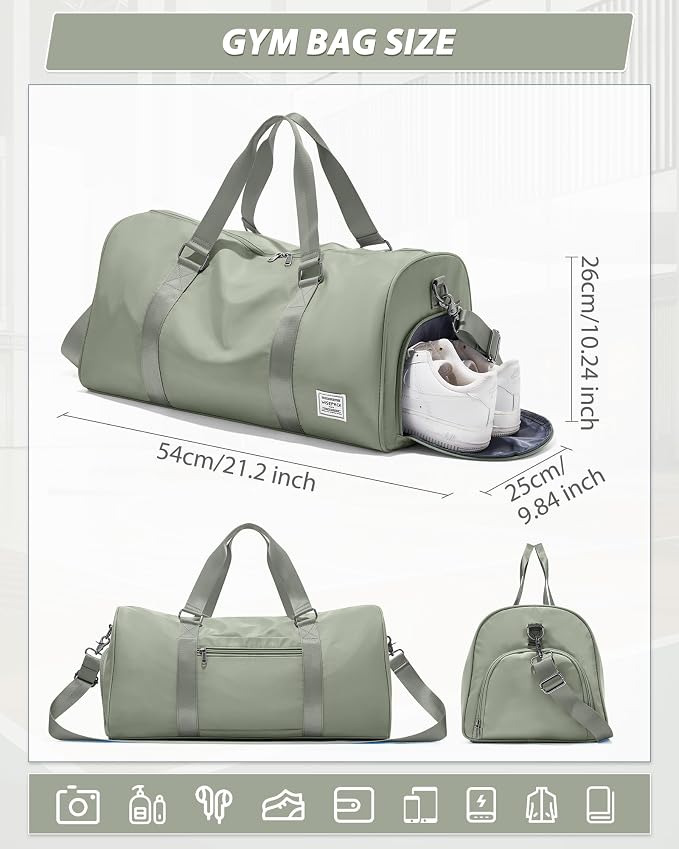 Travel Duffle Bag,Weekender Overnight Bags for Women with Shoes Compartment,Tote Gym Bag Personal Item Carry On Bag for Travel Business Trips Sport Hospital Dance Grey Green