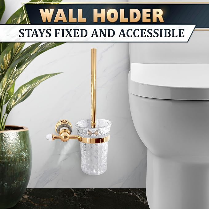 Toilet Brush and Holder Set, Wall Mounted, Clear Bowl (Gold Crystal) | Toilet Bowl Brush and Holder Set, Polished Gold Handle, Space-Saving Wall Mount, Stainless Steel Body, for Elegant Bathrooms