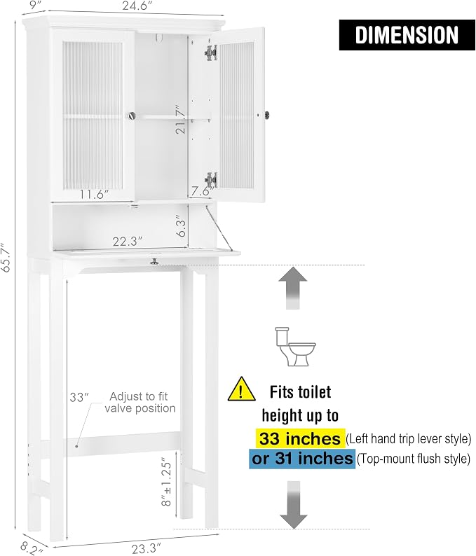 Spirich Over the Toilet Storage Cabinet with Moru Glass Doors, White | Tilt-Out Storage, Adjustable Shelf & Bottom Crossbar, Anti-Tip Bracket, 33-Inch Clearance, Space-Saving Bathroom Organizer
