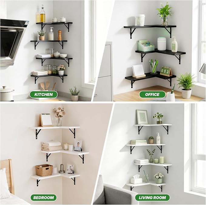 NATURE'S SOURCE Corner Floating Shelves Set of 4, Corner Shelves Wall Mounted, for Bedroom Kitchen Living Room Bathroom Office- Modern Style (White, Set of 4)