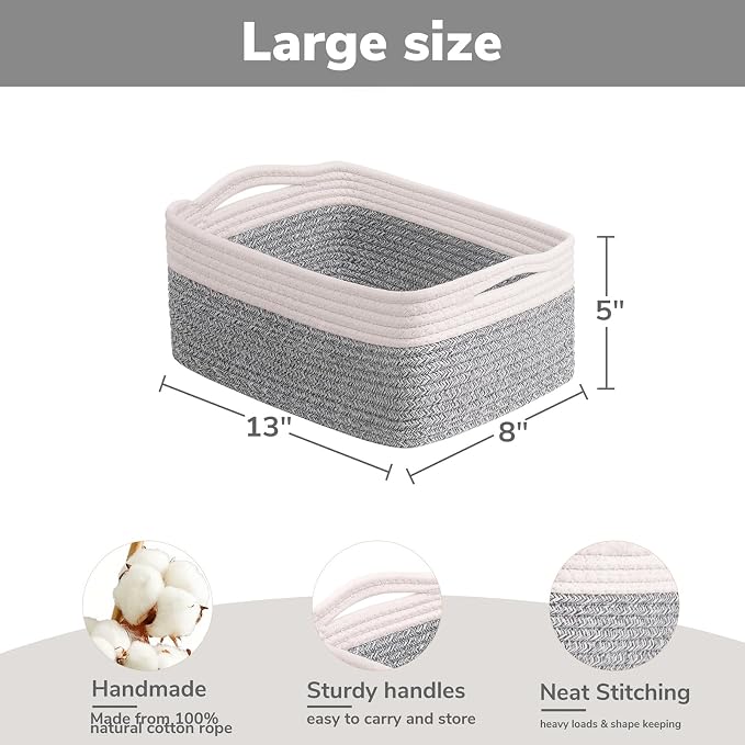 Goodpick Baskets for Shelves, Storage Basket for Organizing, Storage Bins, Toy Box, Wicker Basket for Organization 3 Pack, White & Light Gray, 13 x 8 x5 in