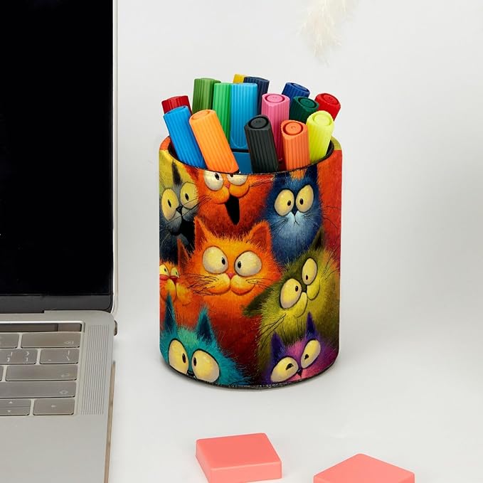 Funny Cats Pen Holder Pencil Organizer for Desk, 3.1” x 3.1” x 3.9” Pencil Cup Office Supplies, Large Capacity Cute Pen and Makeup Brush Holder for Desktop, Home, School