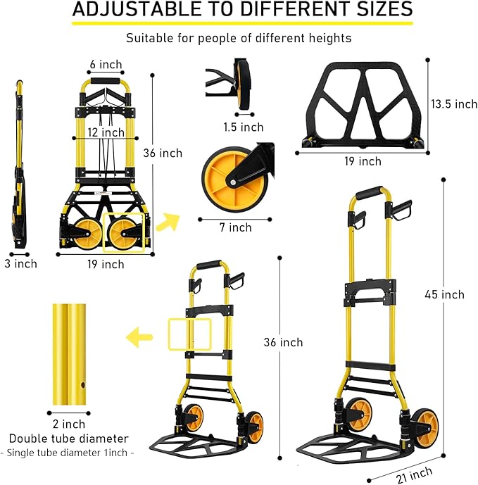 Folding Hand Truck and Dolly, 440lbs Capacity Portable Luggage Dolly Cart with Rubber Wheels and Retractable Handle, Aluminum Foldable Hand Cart for Transportation/Luggage/Mobile/Travel/Office Use