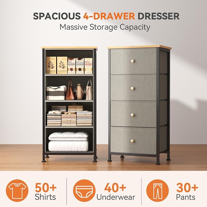 Sweetcrispy 4 Drawer Fabric Dresser Storage Tower Nightstand Chest | Small bedroom dresser and nightstand with sturdy frame,Perfect for closet,entryway,dorm,Easy assembly,Dark Green