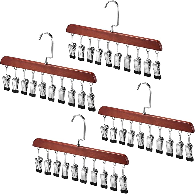 Novabright 4 Pcs Closet Organizer with 10 Clips Wooden Hat Rack for Closet, Space-Saving Hanging Organizer, Multipurpose Storage Display Accessory for Beanies, Ties, and Socks (Brown)