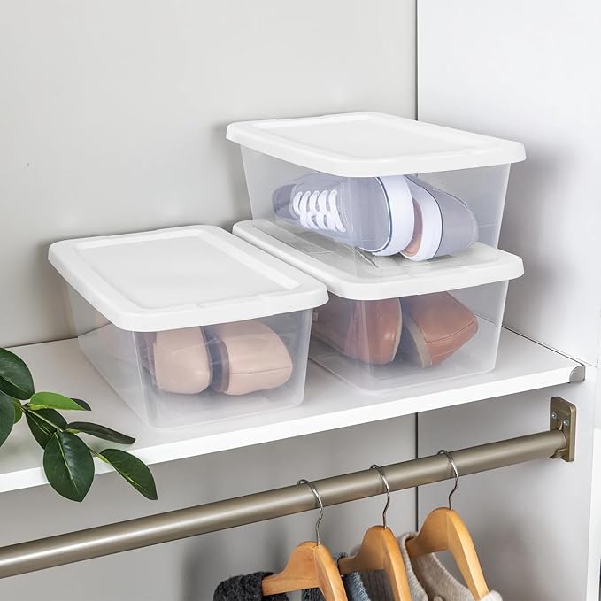 A set of 10 stackable 6-quart clear storage boxes, white snap-on lid plastic storage boxes, modern style, sturdy and durable, suitable for wardrobes and shelves.