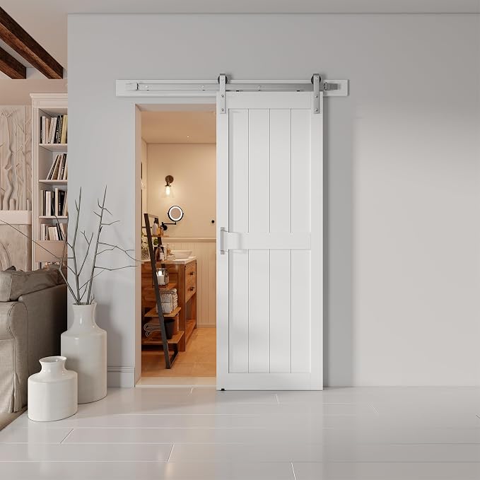 28''x84'' Sliding Barn Door with 5 Ft Brushed Nickel Hardware Kit | Pre-Drilled Holes Easy Assembly - Include Installation Manual, Water-Proof PVC Surface, H-Frame, White