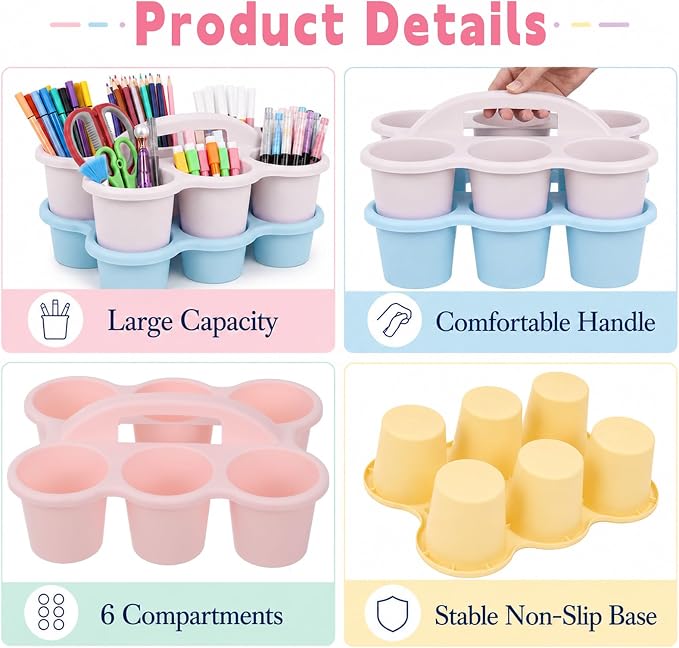 Plastic Caddy with Handle Set of 6 Classroom Caddy Organizer Cup Caddies Water Bottle Storage Crayon Caddies Plastic Cup Holder Drink Carrier for School Home Office Supplies (Pink Purple)