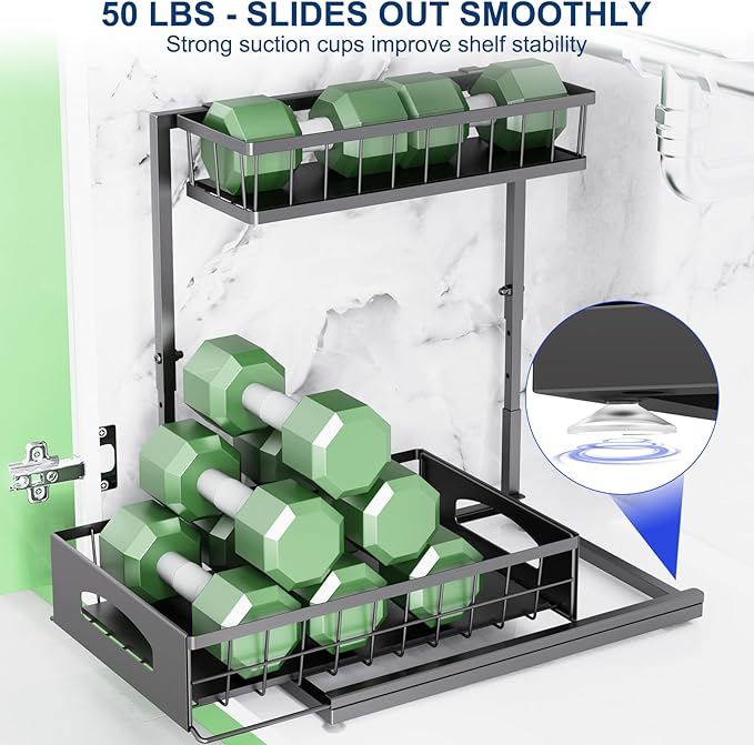 Under Sink Organizer, 2 Pack Height-Adjustable Cabinet Organizer with Slide-Out Bottom Drawer, Fits Around Pipes, Heavy-Duty Metal Storage for Kitchen and Bathroom, Black (Black, 2 Pack)
