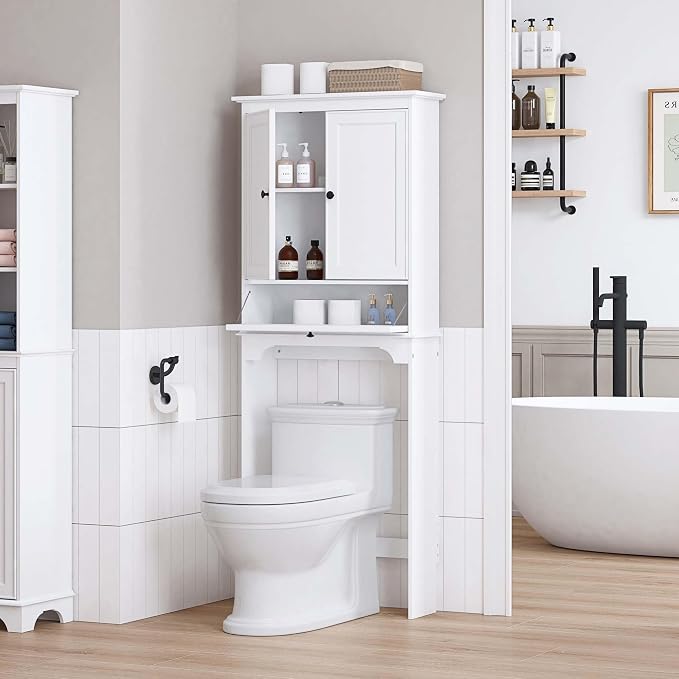 Spirich Bathroom Over the Toilet Storage Cabinet with Tilt-Out Cube, White | Space-saving Organizer for Small Bathrooms, Doors Conceal Clutter, Adjustable Shelf, Anti-Tip Device, Engineered Wood