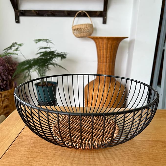Set of 3 Stackable Metal Mesh Fruit Basket Bowl, Round Rust-Proof Breathable Wire Storage Organizer, Non-Slip Decorative Produce Holder for Kitchen Countertop, Store Fruits Veggies Snacks, Black