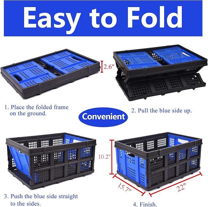 Collapsible Storage Crate 22L x 15W x 10.7H Inch - Foldable and Stackable Plastic Bin, 1.73 Cu Ft Folding Basket for Car Trailer Garage and Home – 3 Pack