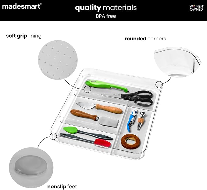 madesmart Premium 4 Compartment Drawer Organizer, Multi Purpose Storage for Utensils, Office Tools, Cords, & Small Household Items, Tech Accessories, Arts & Crafts Supplies, Non Slip Lining, Clear | rounded corners, nonslip feet, visible storage