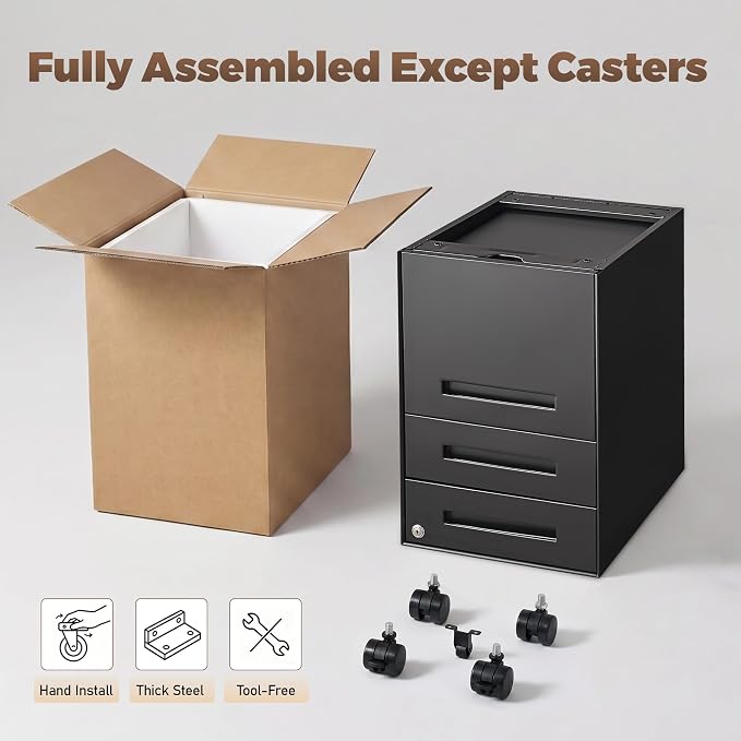 Approgreent Fully Assembled Home Office Filing Cabinet with Lock | Mobile File Cabinet with Anti-tipping Wheels, Fits A4, Letter & Legal Size Files & Folders, Matte Black