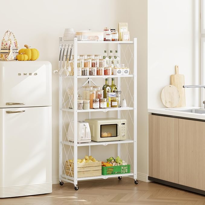 Fenbeli Foldable Shelves with Wheels - 5 Tier Folding Shelf, Collapsible No Assembly Metal Shelving Unit, Origami Storage Shelves & Rolling Storage Rack with 8 Hooks for Kitchen Pantry Garage